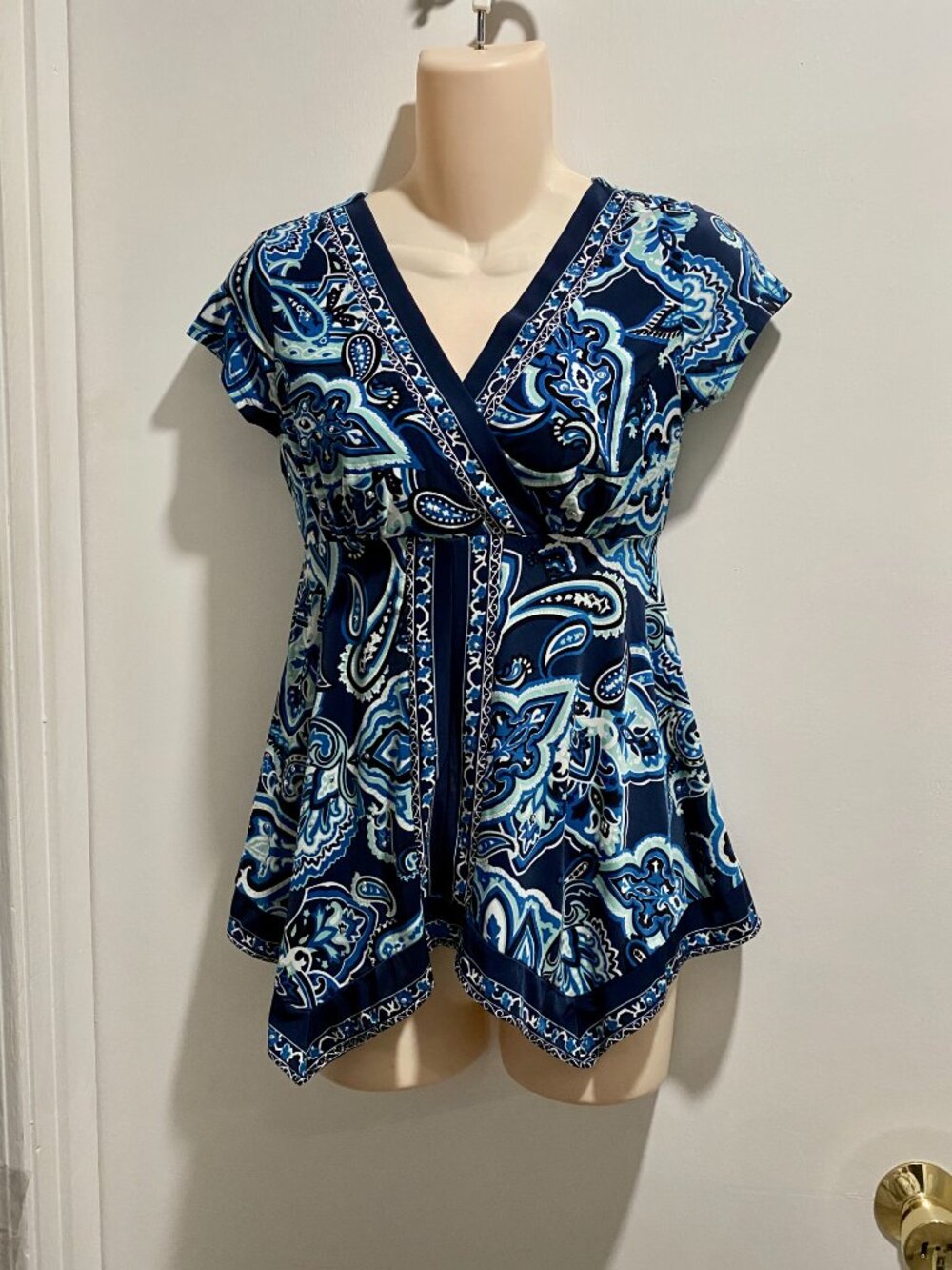 INC Babydoll Asymmetric Hem Cap Sleeve Paisley Blue Aqua Y2K Boho Blouse Top XS